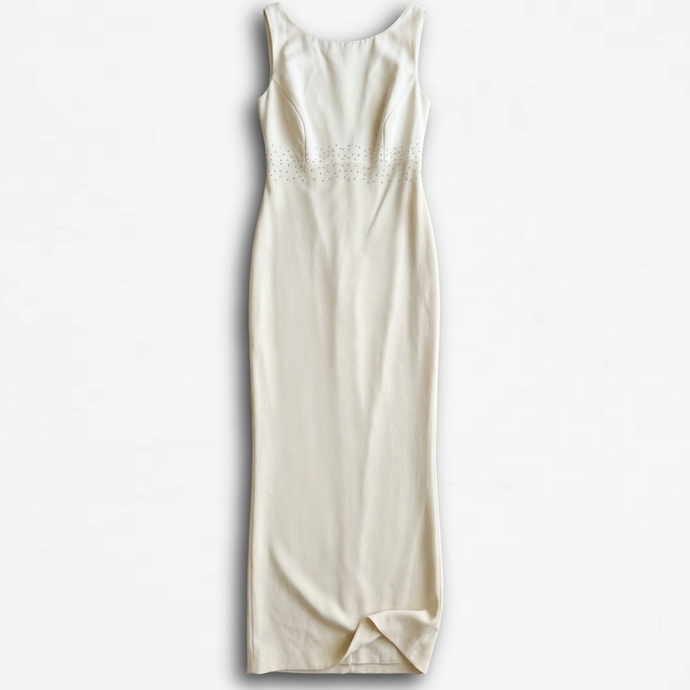 FLAWED Ivory Rhinestone Empire Waist Maxi Gown Dress Size 7/8 Creamy Sleeveless